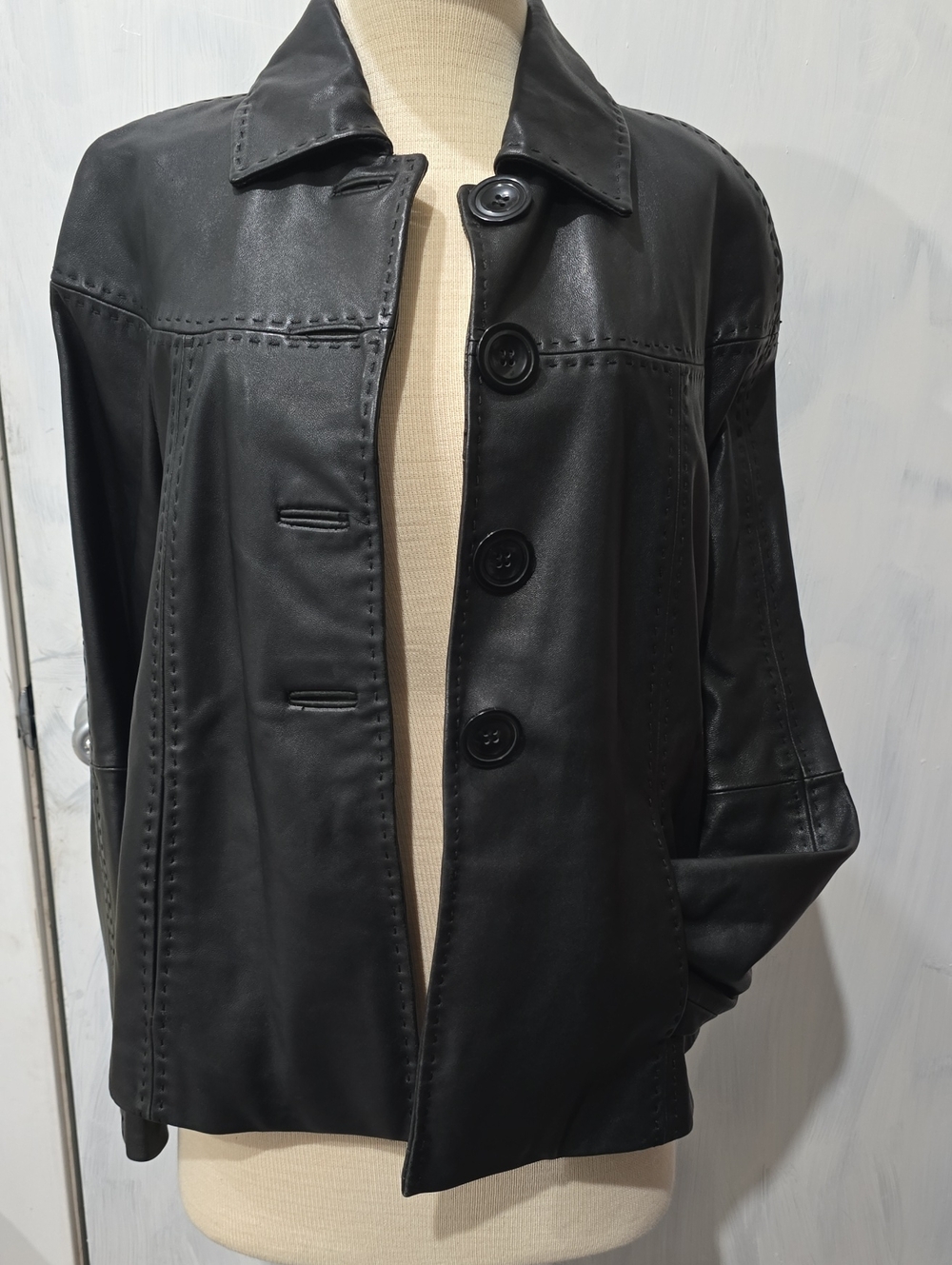 Worthington Black Leather Button Jacket with Stitch Detailing